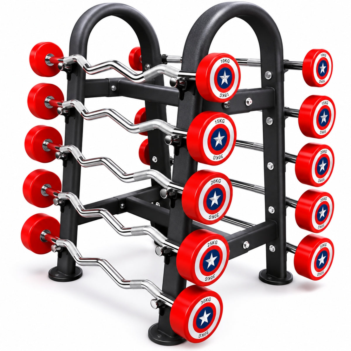 Rack con 10 Barras Heroicas de Peso Integrado 10-30 kg