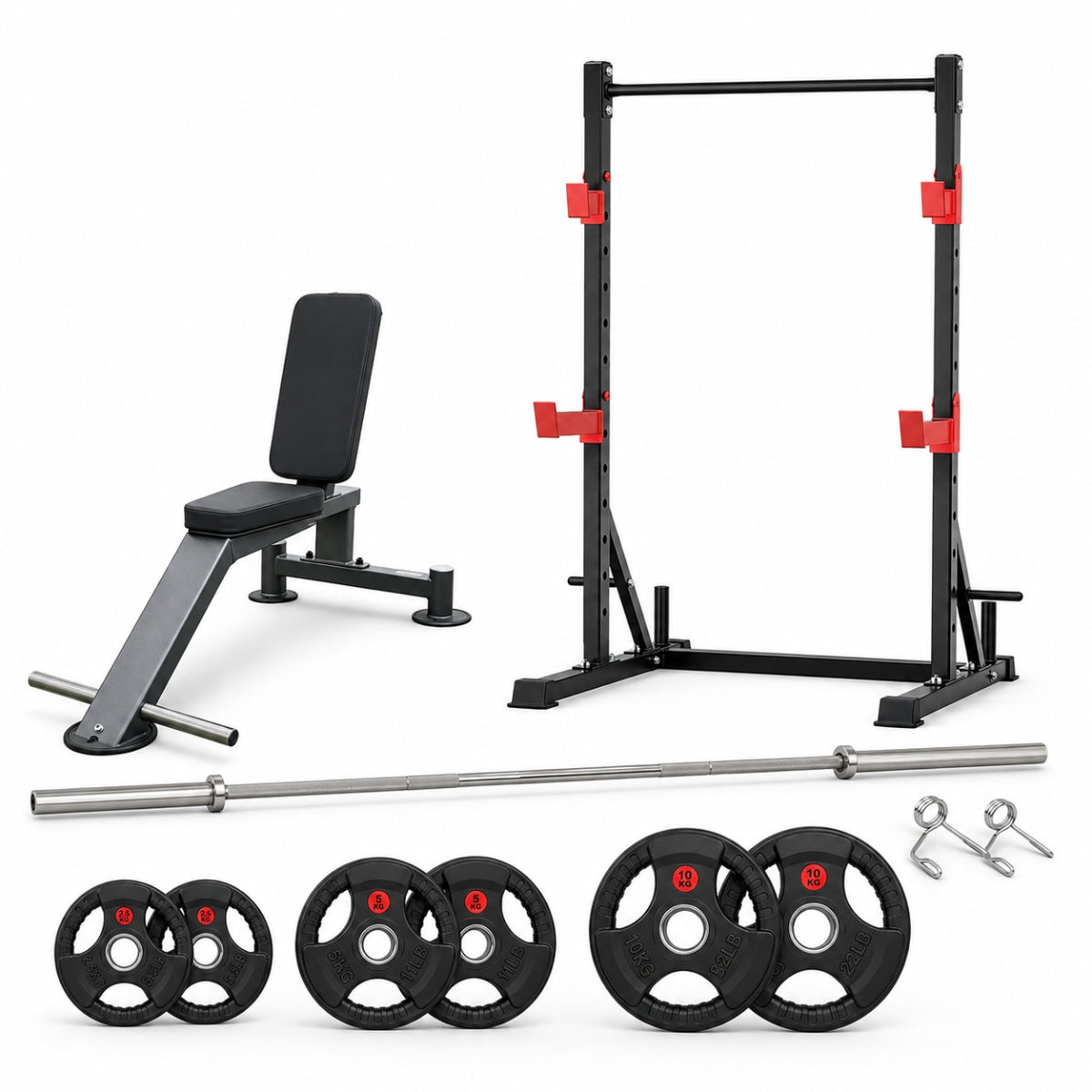 Banco Militar con Squat Rack, Barra Olímpica y 35 kg en Discos | KB MILITARY PRO