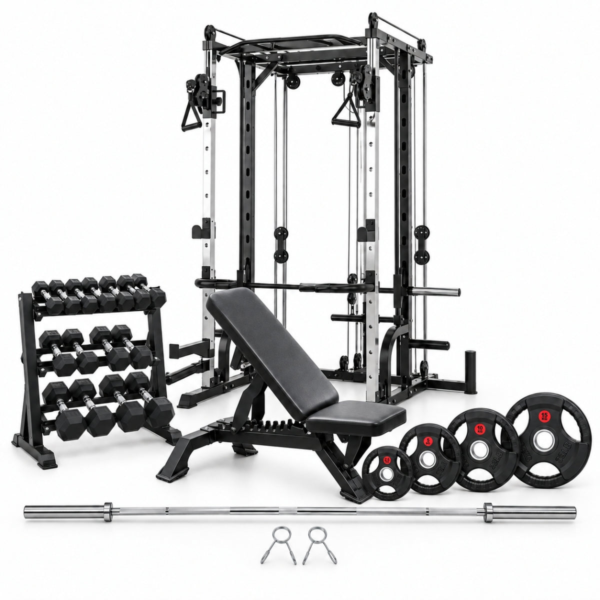 Paquete Power Strength con Powersmith, Banco, Barra, Discos y Mancuernas