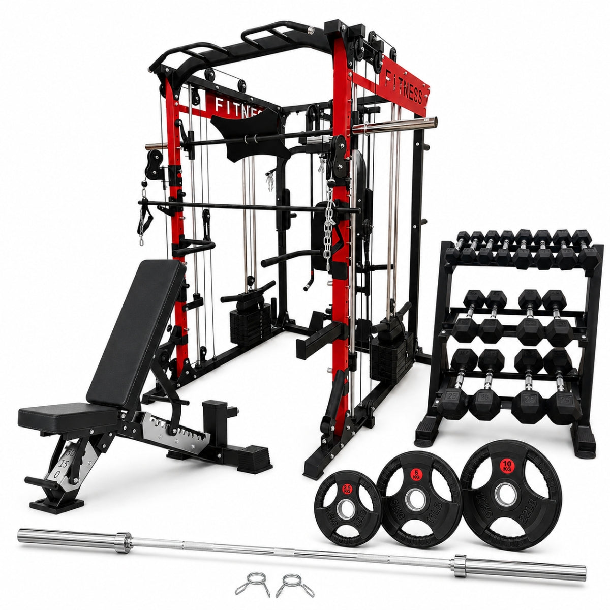 Paquete Total Strength | Multifuncional, Banco, Barra, Discos y Mancuernas