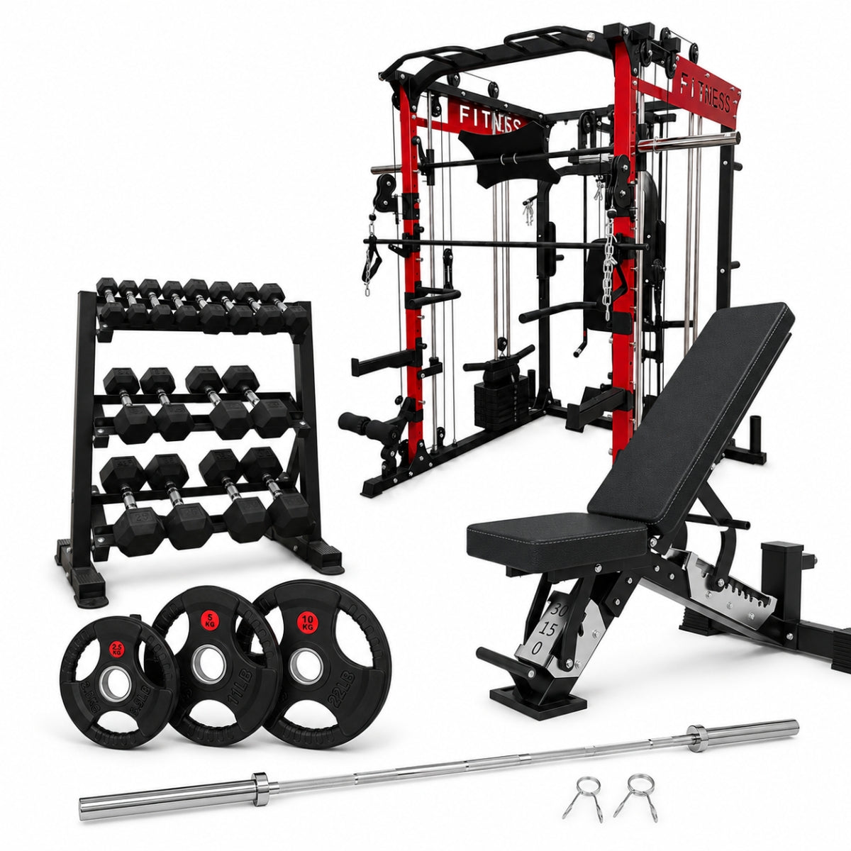Paquete Total Strength | Multifuncional, Banco, Barra, Discos y Mancuernas