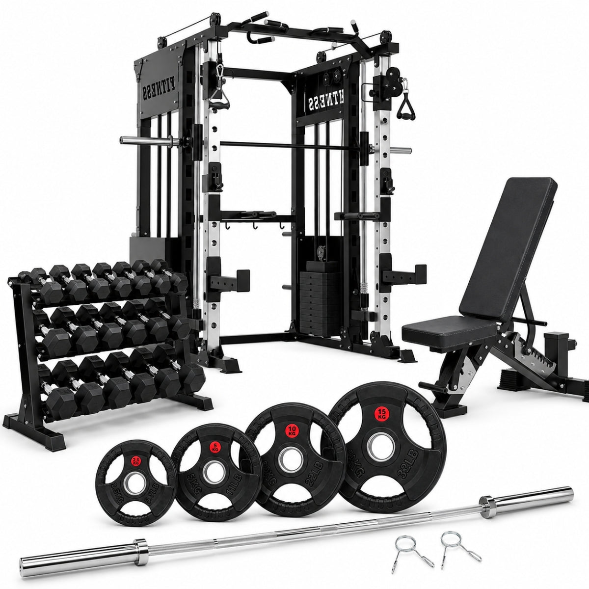 Paquete Ultimate Strength | Power Smith, Banco, Barra, Discos y Mancuernas
