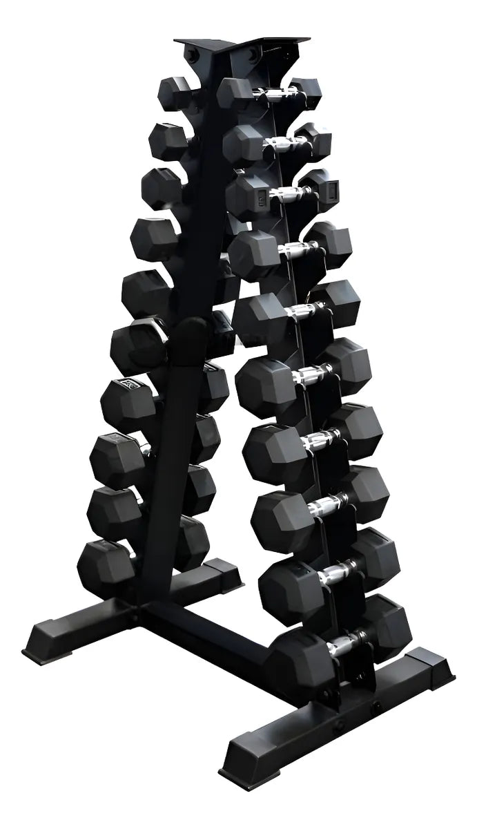 Rack con 10 pares de mancuernas hexagonales de 3-35 lb