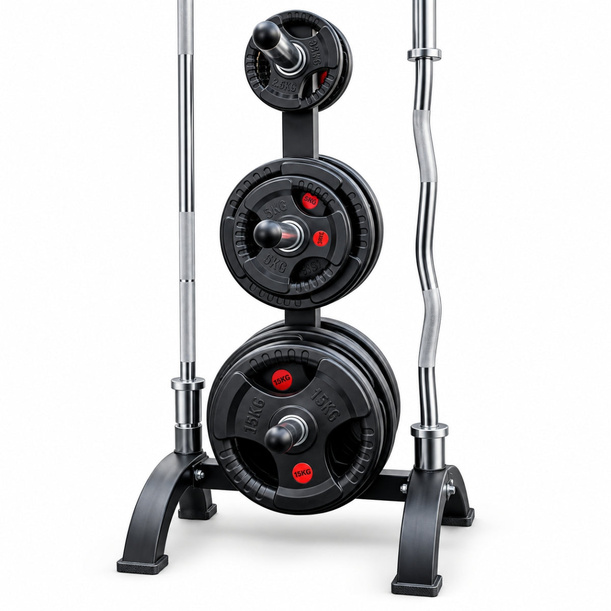 Paquete de Discos Olímpicos 105 kg con Rack y 2 Barras