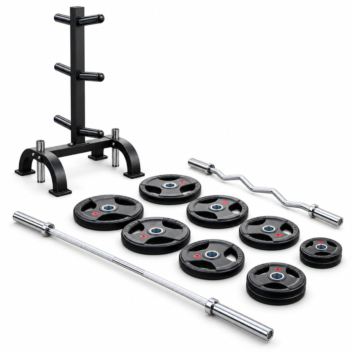 Paquete de Discos Olímpicos 105 kg con Rack y 2 Barras