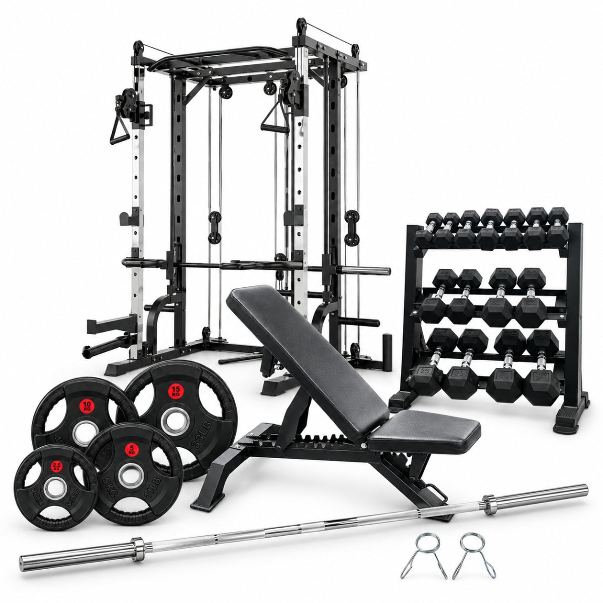 Paquete Power Strength con Powersmith, Banco, Barra, Discos y Mancuernas