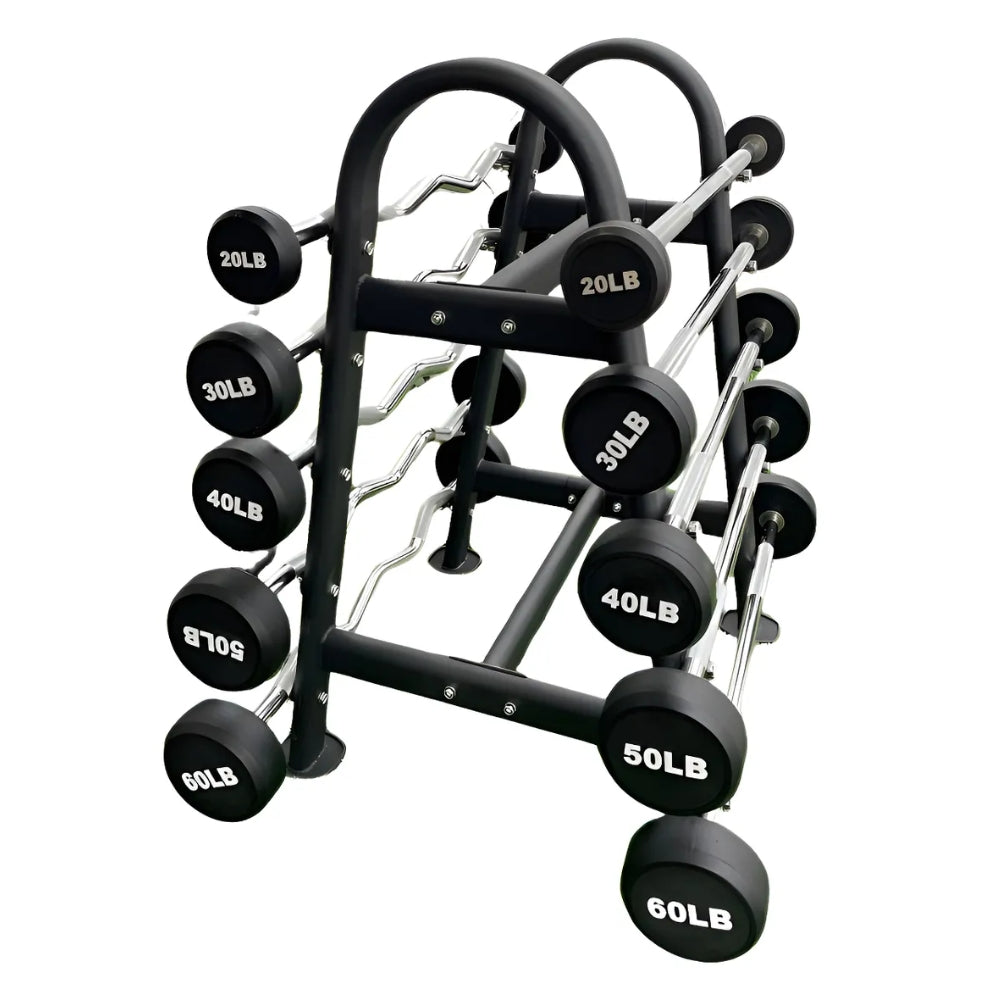Set de 10 Barras de Peso Integrado Curvas y Rectas (20–60 lbs) con Rack